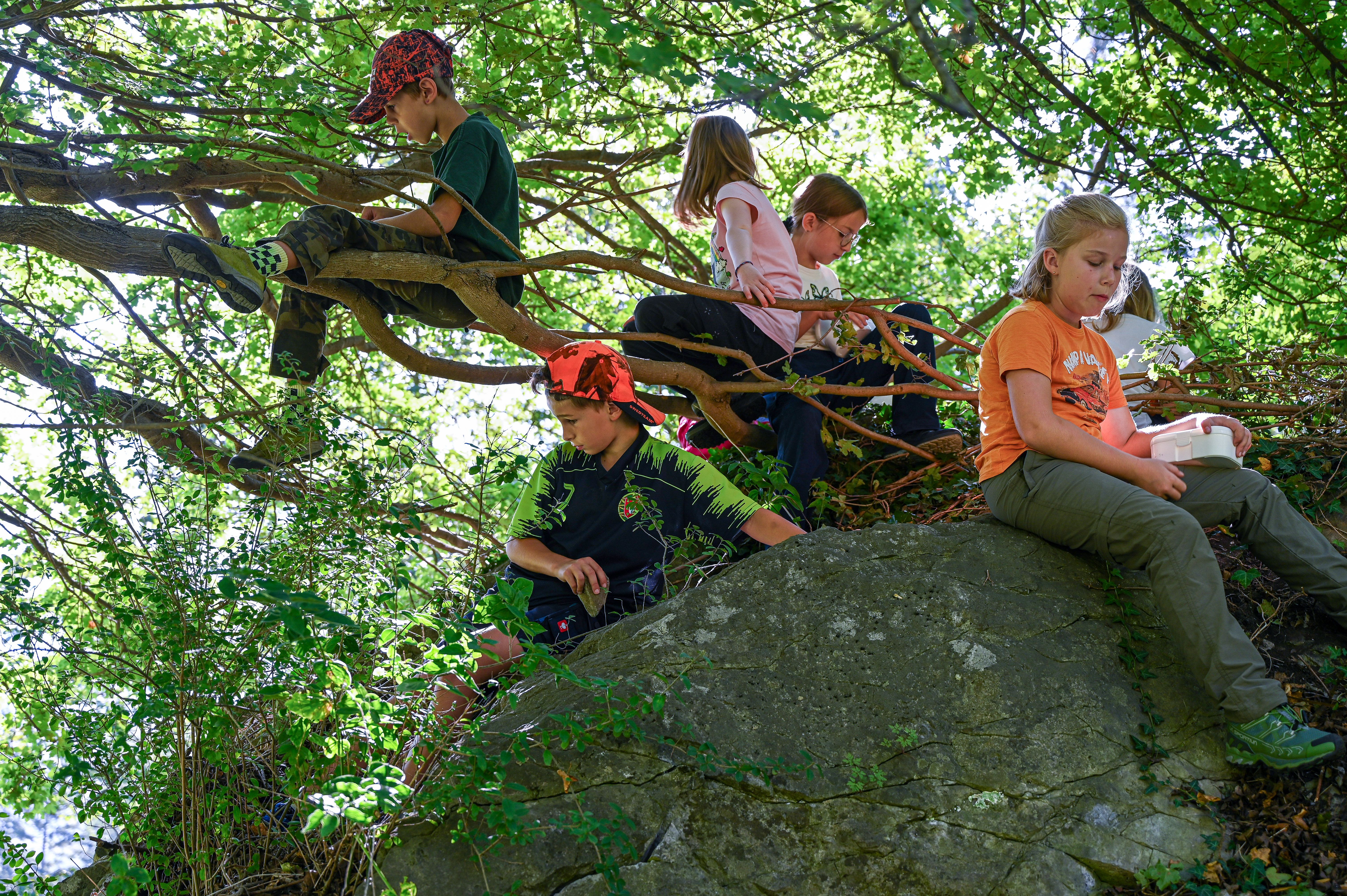 Kinder sitzen auf einem Felsen
