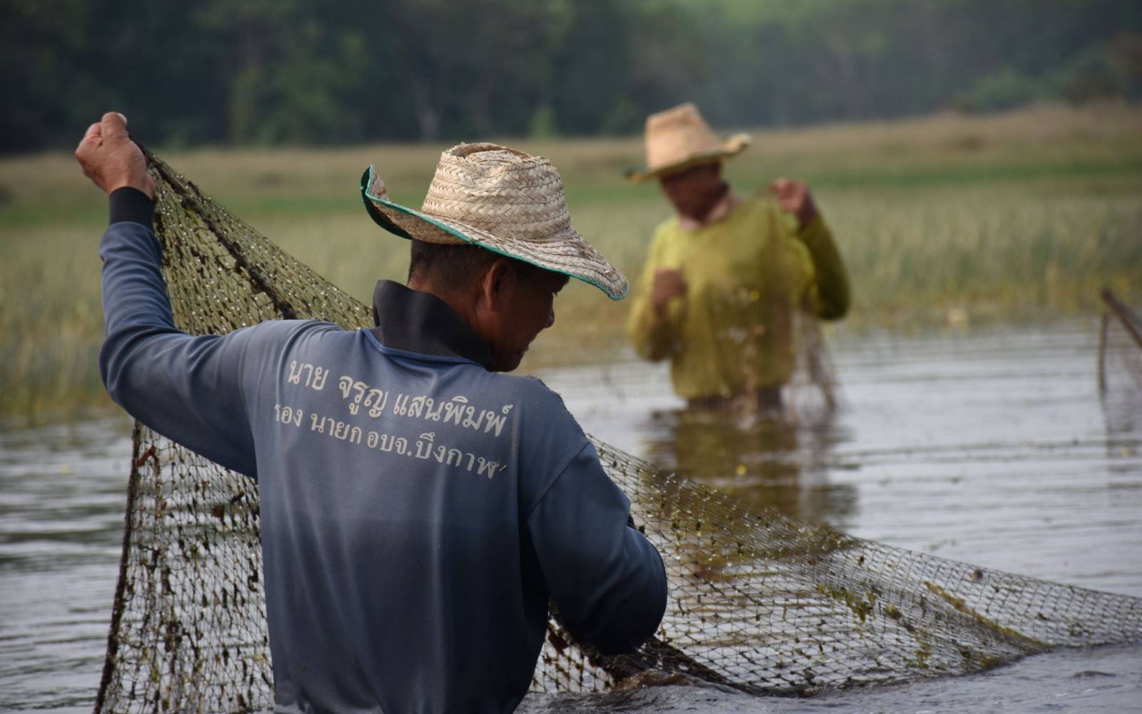 Fischer fischen in der Nähe einer Fischschutzzone (No-Take-Zone) in Bueng Khong Long. 
